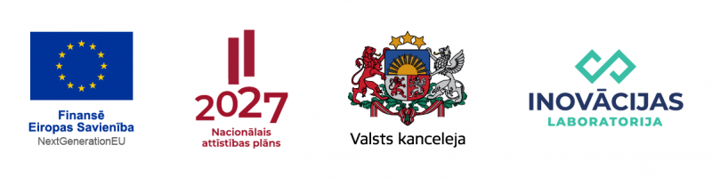 Četri logo vienā rindā: Eiropas Savienības karogs ar tekstu “Finansē Eiropas Savienība NextGenerationEU”, “2027 Nacionālais attīstības plāns”, Latvijas Republikas ģerbonis ar tekstu “Valsts kanceleja”, un logotips ar tekstu “Inovācijas laboratorija”