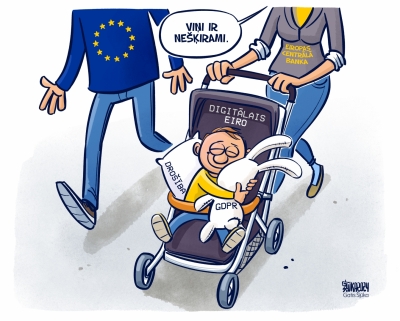 Karikatūra, kurā apspēlēts mīts, ka Digitālais eiro dos Eiropas Savienībai pilnīgu kontroli pār cilvēkiem un viņu privāto dzīvi