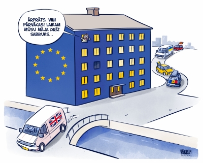 Karikatūra, kurā apspēlēts mīts, ka Eiropas Savienība drīz sabruks