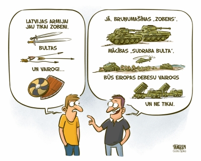 Karikatūra, kurā apspēlēts mīts, ka Latvija iepērk novecojušu militāro tehniku no citām NATO dalībvalstīm