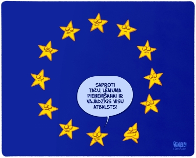 Karikatūra, kurā apspēlēts mīts Mazās Eiropas Savienības dalībvalstis nevar ietekmēt lēmumu pieņemšanu Eiropas Savienībā