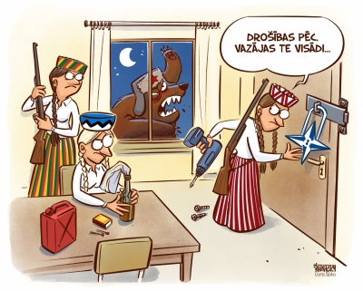 Karikatūra, kurā apspēlēts mīts, ka NATO ir okupējis Baltijas valstis, lai gatavotos uzbrukumam Krievijai 