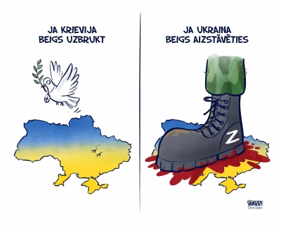 Karikatūra, kurā apspēlēts mīts, ka NATO palīdzība Ukrainai tikai paildzina karu