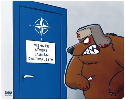 Karikatūra, kurā apspēlē mītu, ka pēc PSRS sabrukuma NATO solīja nepaplašināties