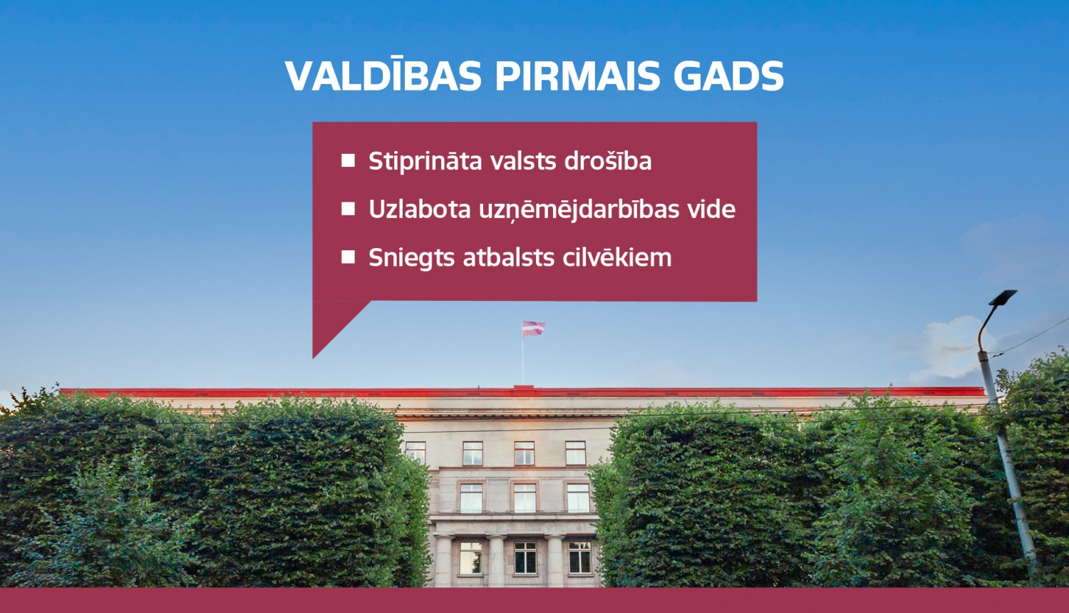 Teksts: "Valdības pirmais gads, stiprināta valsts drošība, uzlabota uzņēmējdarbības vide, sniegts atbalsts cilvēkiem." Fonā tekstam attēls ar Ministru kabineta ēku.